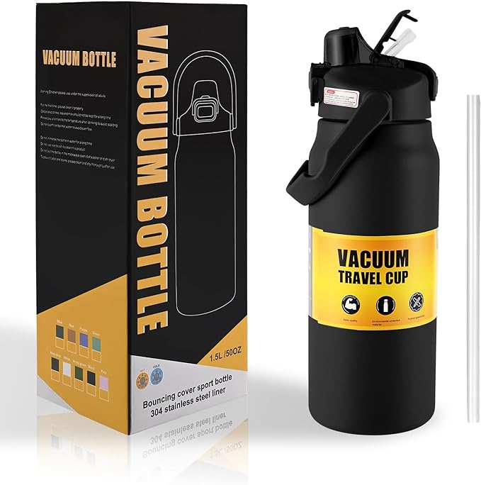 50oz/1.5L Insulated Sports Water Bottle, Stainless Steel Double Wall Water Jug with Handle, 2-in-1 Chug Spout and Straw Lid with Lock Cover for School, Outdoor, Sports & Travel, Black