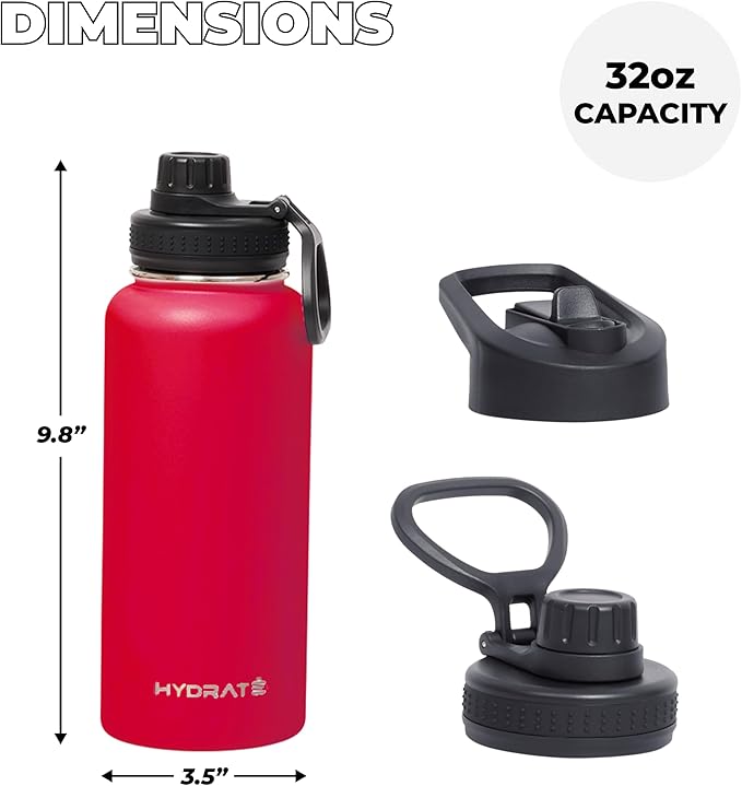 HYDRATE Insulated Stainless Steel Water Bottle - Large Reusable Flask with Leak-Proof Design and Convenient Handle - Double Vacuum Insulation for School, Work, or Adventure