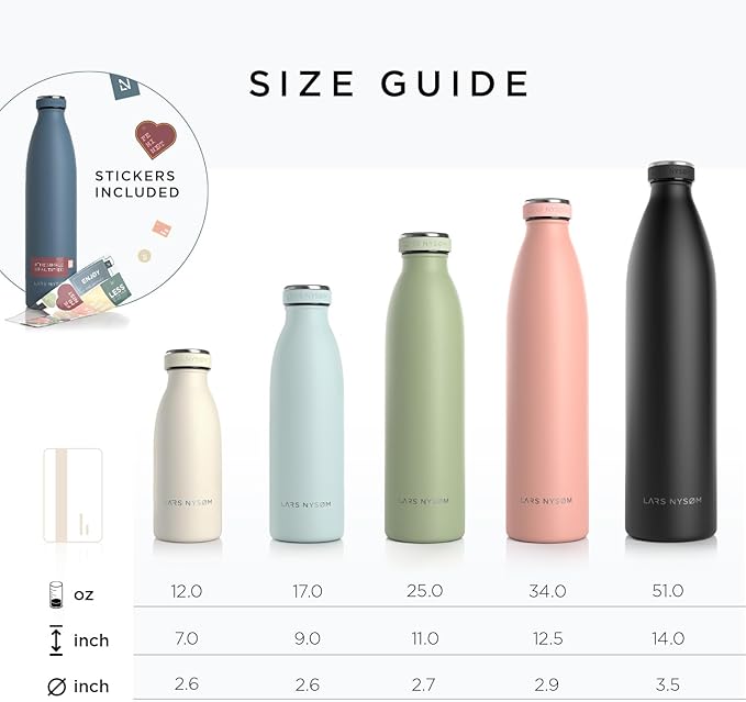 LARS NYSØM Stainless Steel Insulated Water Bottle 12oz 17oz 25oz 34oz 51oz | BPA-free Insulated Thermo Flask for Hot and Cold Beverages | Leakproof Drinking Bottle (Nude, 25oz)