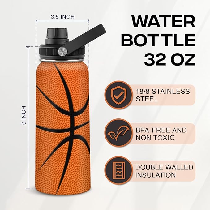 SANDJEST Basketball Water Bottle 32oz Stainless Steel Insulated Bottles for Men Women Sports Lovers Fan Players Coach - Basketball Gifts for Birthday Christmas