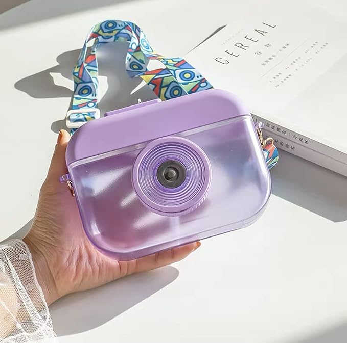 Camera Bottle Travel Cup with Straw Birthday Party Gift Ice Drinking Water Bottle Mug with Strap Picnic (camera purple, 400 ml)