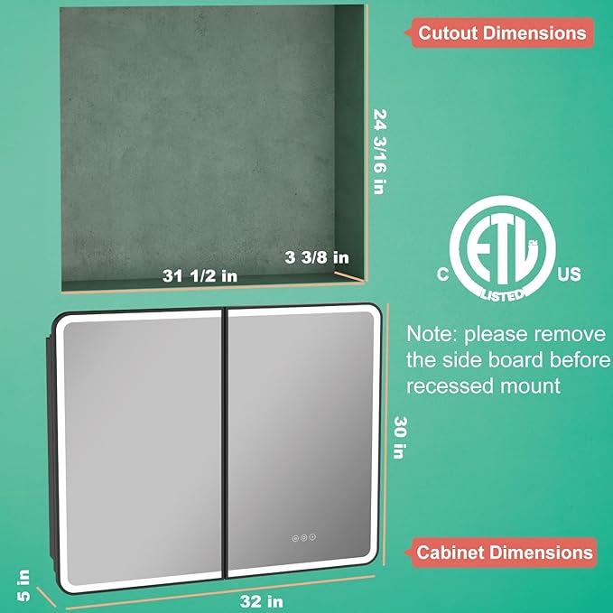 32x30 Inch Medicine Cabinet with Mirror, Recessed or Surface Mount Bathroom Medicine Cabinet with LED Lights, Anti-Fog, Memory Function, Adjustable Shelf, Dimmable Light, ETL Listed, Black