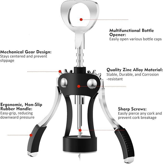 KORCCI Wine Opener, Wine Bottle Opener, Zinc Alloy Wing Corkscrew Heavy Duty, Cork Screw Beer Opener for Bartenders, Multifunctional Bottle Opener for Home Kitchen, Restaurant, Bar, Waiters