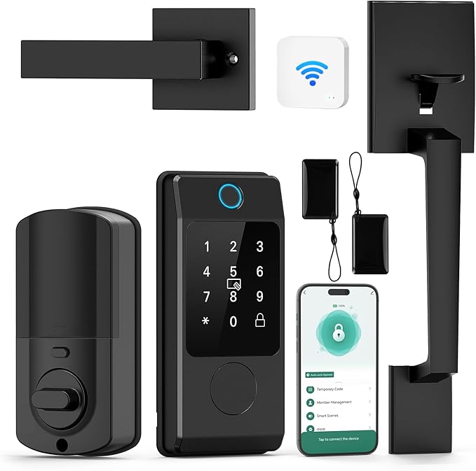 WiFi Front Door Lock Set with Handle, Featuring Fingerprint Keyless Entry, Smart Keypad with Lever Handles, Electronic Screen + WiFi Gateway, App Control, Auto-Lock, and Voice Control