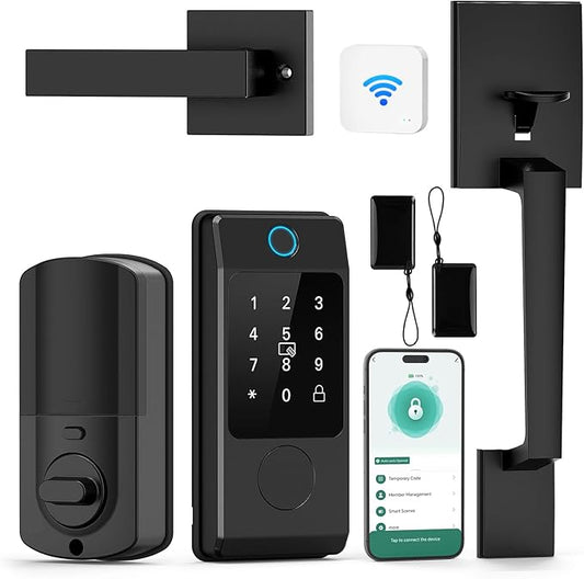 WiFi Front Door Lock Set with Handle, Featuring Fingerprint Keyless Entry, Smart Keypad with Lever Handles, Electronic Screen + WiFi Gateway, App Control, Auto-Lock, and Voice Control