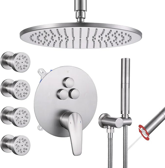 VANFOXLE Shower Faucet Set Brushed Nickel Shower System,Push Button Diverter Shower Faucet with 2 in 1 Handheld,Ceiling Mount 10 Inch Shower Head with 4 PCS Dual Modes Body Jets(2 Inch)