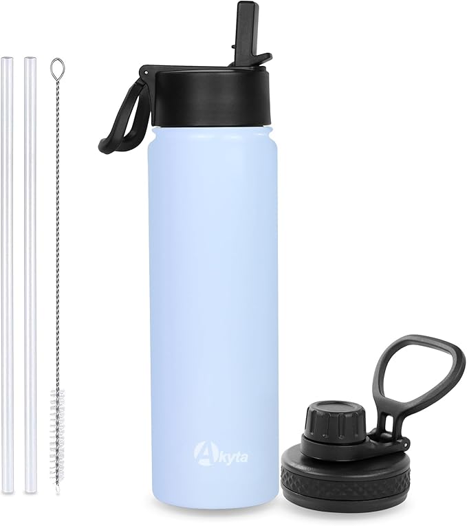 Sports Stainless Steel Water Bottle with Straw, Spout lid-24OZ -Wide Mouth Vacuum Insulated Thermos Water Bottles, Keep Water Cold/Hot, Metal Water Bottle for Biking Hiking (24 oz, Light Blue)