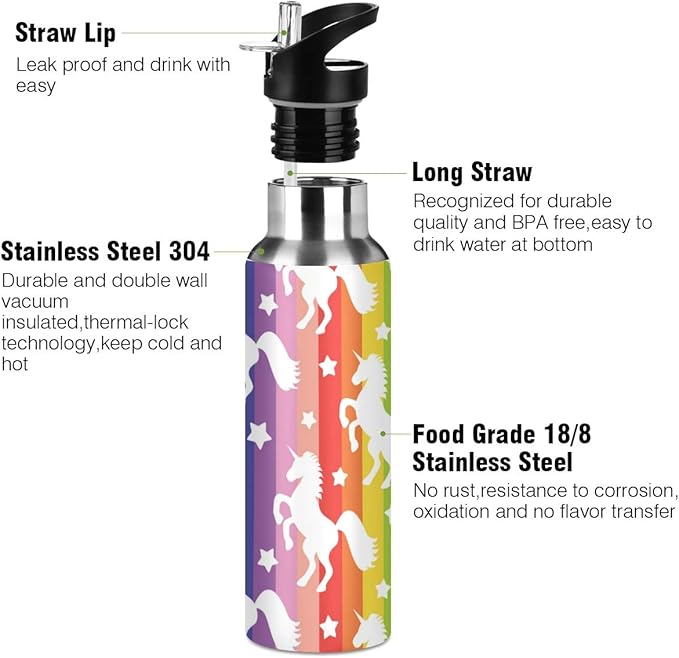 Blueangle Rainbow Stripe Unicorn Star Stainless Steel Water Bottle with Straw, BPA Free Reusable Leakproof Water Jug for Fitness Camping Outdoor Sports