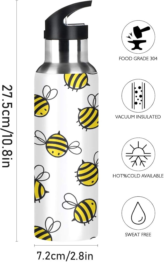 Blueangle Flying Bumble Bees Stainless Steel Water Bottle with Straw, BPA Free Reusable Leakproof Water Jug for Fitness Camping Outdoor Sports
