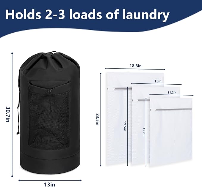 Laundry Bag Backpack with 3 Sizes Mesh Wash Bags and Shoulder Straps Foldable Laundry Hamper for College, Apartment, Laundromat (Black)