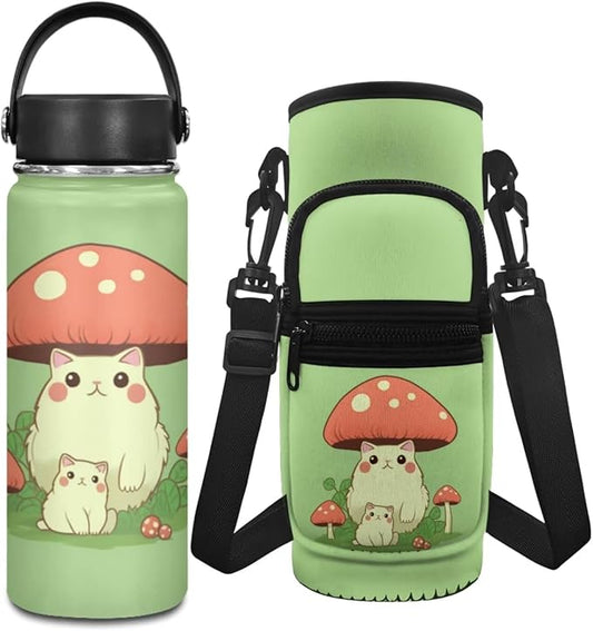 Mushroom Water Bottle for Girls 5-7/7-9 Cat 18 OZ Stainless Steel Water Bottle Carrier Bag with Phone Pocket Reusable Water Bottle
