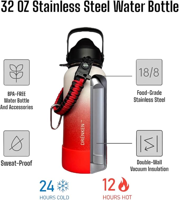 Water Bottle, Insulated water bottle, Stainless steel water bottle for kids men women Sports water bottle 32 oz Water bottle with straw Insulated Flask (Gradient White/Red)