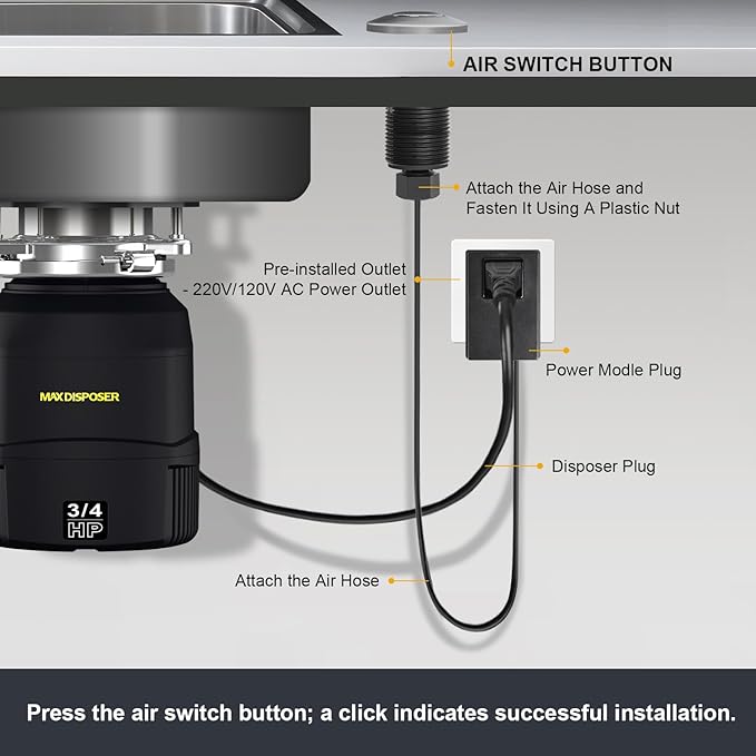 Garbage Disposal Air Switch Kit, Sink Button Food Waste Disposals Part On/Off Air Button Stainless Steel Polished (Brushed Stainless Steel, LONG/3.6")