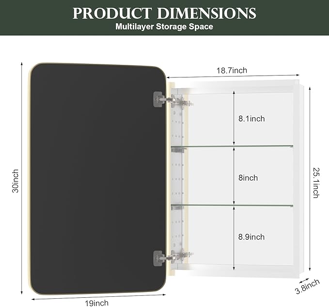 WallBeyond WallByond Bathroom Medicine Cabinet with Mirror, 19x30 Inch Gold Recessed Medicine Cabinet with Round Corner Aluminum Alloy Metal Framed, Single Door Modern MedicineMabinet with Storage