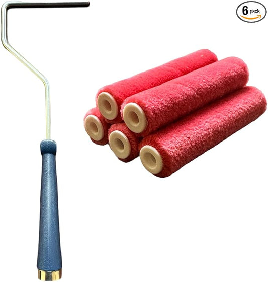 Premium 4-Inch Mohair Mini Paint Roller 6pc Set. 4" Mini Roller Frame + 5 Pack, Lint-Free & Shed-Resistant for Smooth Finishes – Ideal for Cabinets, Trim & Doors – Works with All Paints & Stains