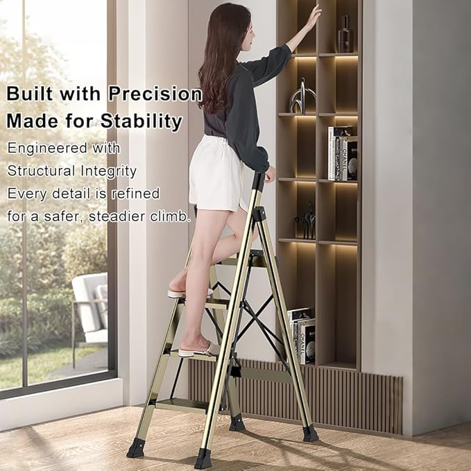 4 Step Ladder, Folding Aluminum Alloy Step Stool with Wide Anti-Slip Pedal for Adults, Champagne Gold 4 Tiers Stool with 330lbs Load Capacity for Home Kitchen Closet Garage Office