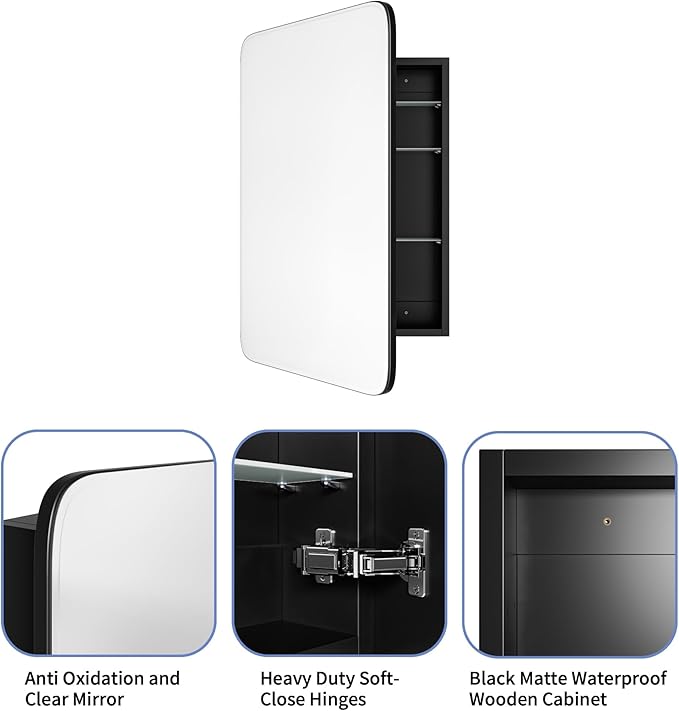 Vintage-Style Bathroom Wood Black Cabinet with 17.5''x29'' Curved Mirror, Recessed Medicine Cabinet, Bathroom Storage Cabinet