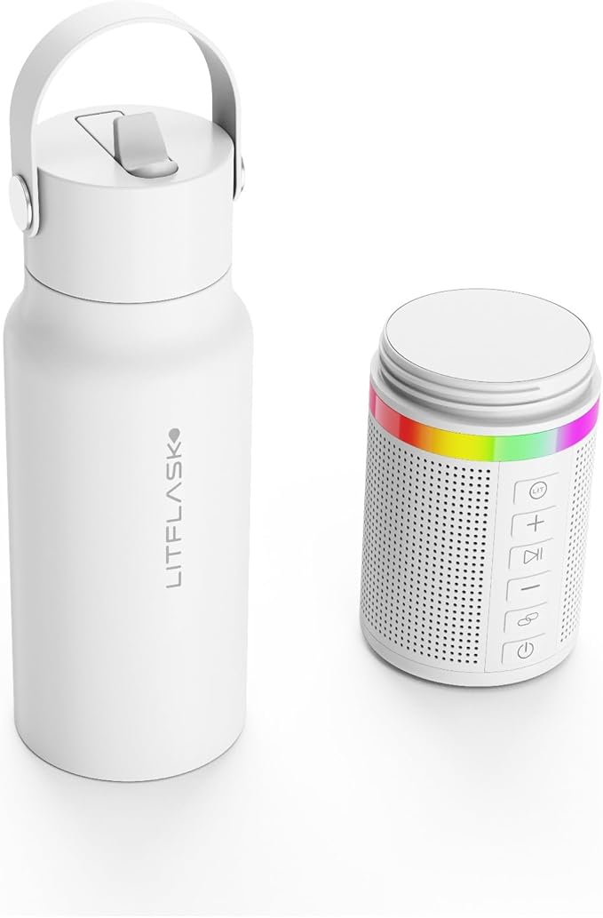 Smart Water Bottle with Premium Bluetooth Speaker, Portable Charger, LED Light, Hands-Free Mic, Insulated Stainless Steel, Straw Lid, BPA-Free, 20oz - Mix & Match Colorways