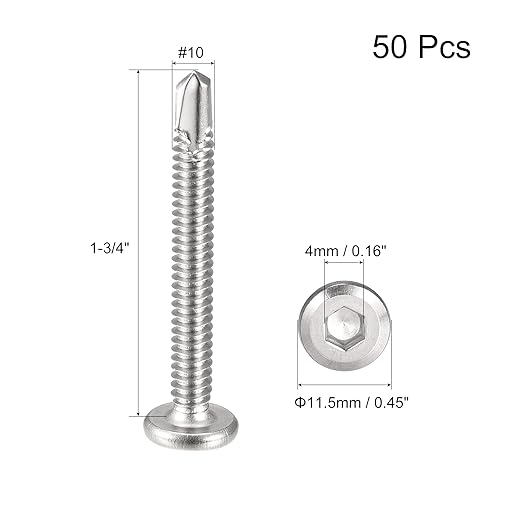 uxcell Hex Socket Self Tapping Screws, #10 x 1-3/4" 410 Stainless Steel Sheet Metal Flat Head Drilling Screw 50pcs, Silver