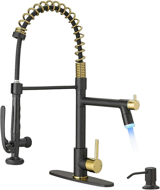 Fapully Commercial Kitchen Faucets with Pull Down Sprayer Matte Black&Gold LED Kitchen Faucet with Soap Dispenser and Deck Plack for 4 Hole, Single Handle Faucet for Kitchen Sink