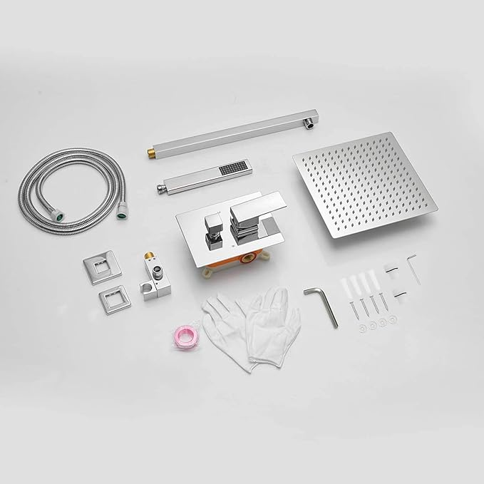 BWE 12 Inch Square Bathroom Luxury Rain Mixer Shower Combo Set Wall Mounted 2-Functions Rainfall Shower Head System Polished Chrome Shower Faucet Rough-in Valve Body and Trim Included