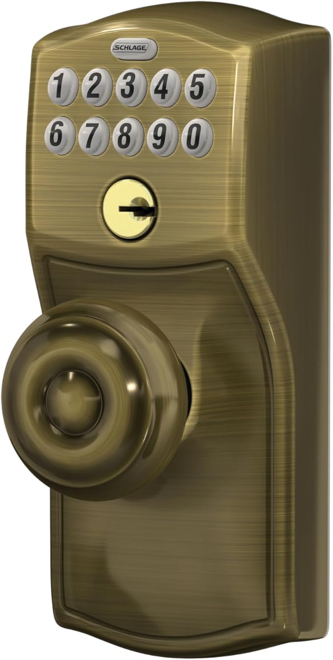 SCHLAGE FE595 CAM 609 GEO Camelot Keypad Entry with Flex-Lock and Georgian Style Knobs, Antique Brass