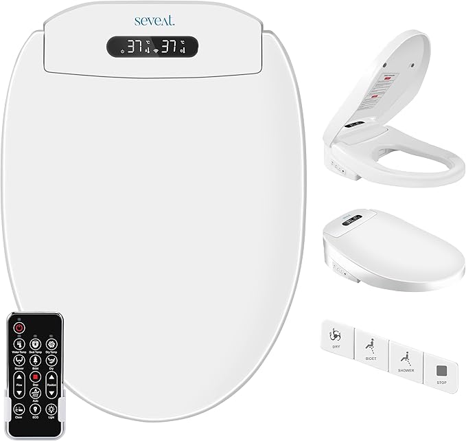Electric Heated Bidet Toilet Seat–Instant Warm Water & Dryer, Feminine & Front Rear Wash, Wireless Remote, Self-Clean Nozzle, Slow Close Lid, Temperature Display, Energy Saving Mode (Rounded)