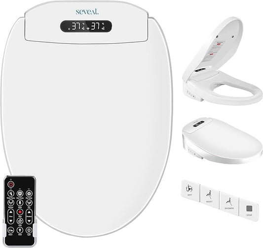 Electric Heated Bidet Toilet Seat–Instant Warm Water & Dryer, Feminine & Front Rear Wash, Wireless Remote, Self-Clean Nozzle, Slow Close Lid, Temperature Display, Energy Saving Mode (Rounded)
