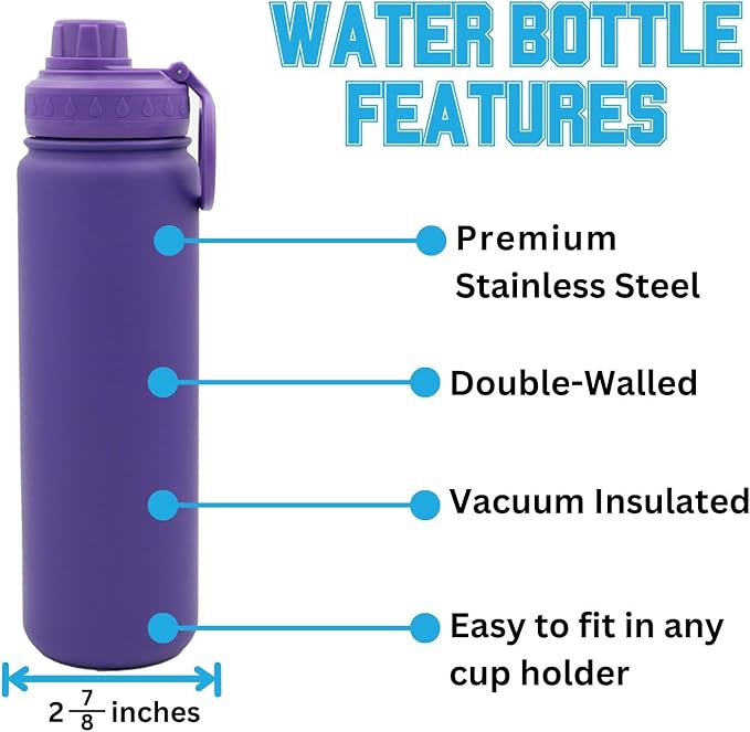 LSU Tigers Water Bottle - Purple Double Walled Stainless Steel 24 oz Keeps Drinks Cold or Hot