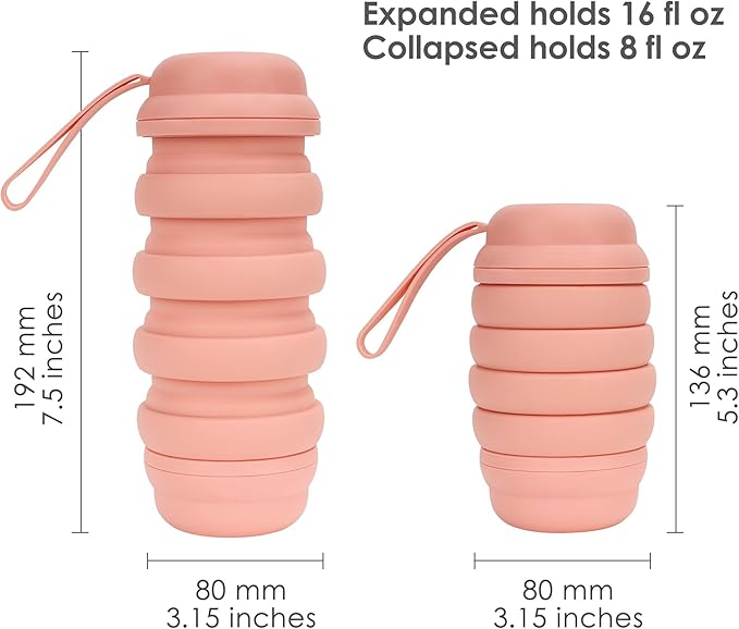 Collapsible Water Bottle 16 oz, Reusable Water Bottle, Travel Water Bottle, Pill Storage, On the Go, Outdoors, Lunch Bottle, BPA Free, Pill Storage. (Salmon)