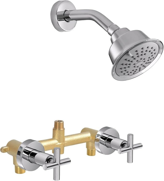 2 Handles Shower Faucet Set,Two Handles Shower Faucet Set with 3 Modes Rainfall Shower Head,2 Knobs Single Function Wall Mounted Shower Trim Kit with Rough-in Valve,Chrome,1A1MK-W