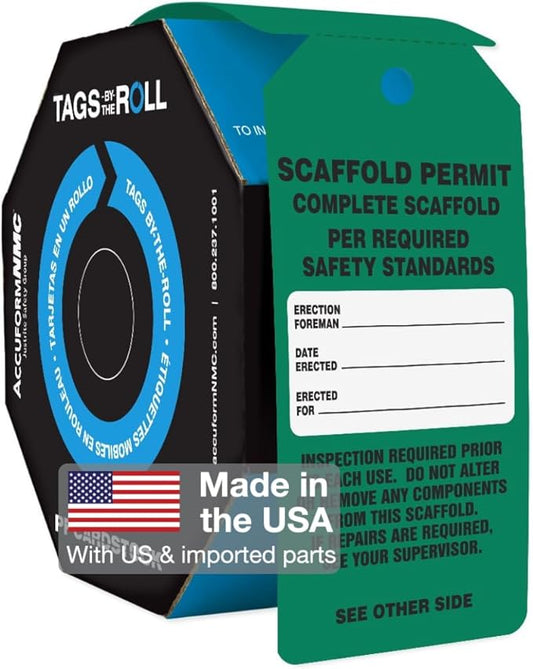 100 Scaffolding Tags by-The-Roll, Scaffold Permit - Complete Scaffold, US Made OSHA Compliant Scaffold Tags, Waterproof PF-Cardstock, Resists Tears, 6.25"x3", TAR713