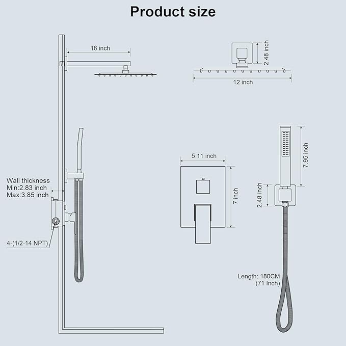 Black Shower Faucet Set, Rainfall Shower System with Square Shower Head and Handle Set, Wall Mounted Shower Fixtures, Shower Valve and Trim Kit 12 inch Matte Black