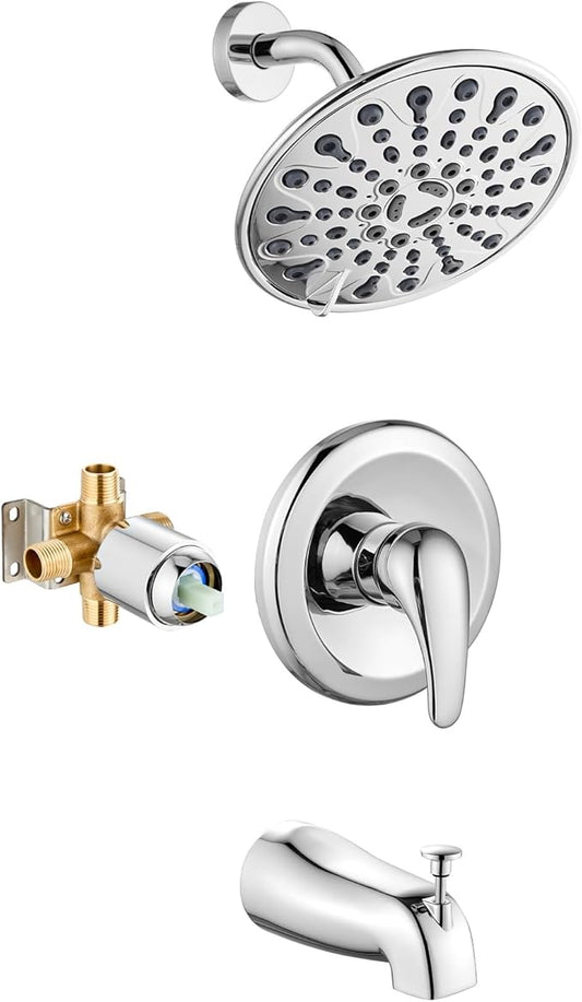 gotonovo Tub Shower Faucet Set Shower Head and Handle Set 6 Modes 6 inch Bathroom Trim Kit with Tub Spout High Pressure Shower System Combo with Valve Round Showerhead Polished Chrome