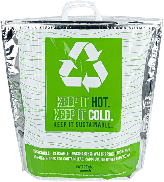 Restaurantware Cater Tek 20.1 x 7.1 x 20.1 Inch Hot And Cold Bags 10 Triple Layer Insulated Bags - Snap Lock Handles Waterproof Green & Silver Plastic Thermal Lunch Bags For Frozen & Hot Items