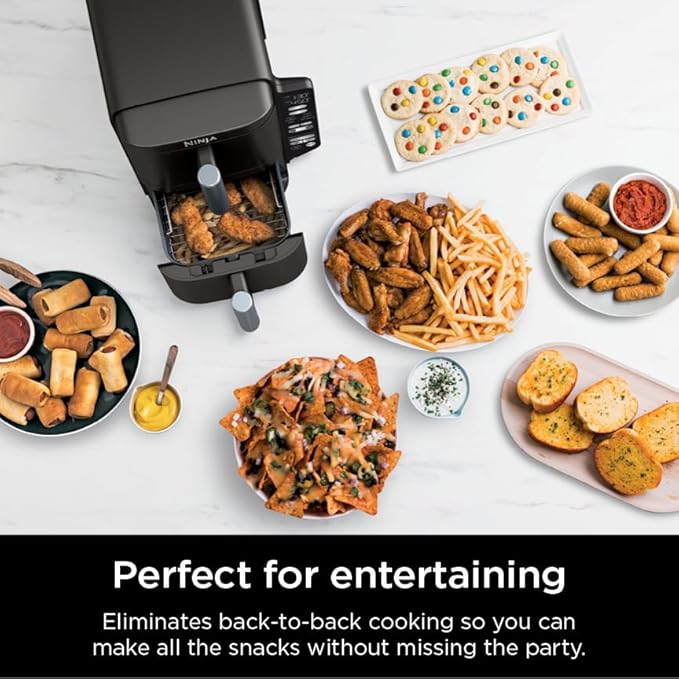 Ninja DoubleStack 2-Basket Air Fryer, DoubleStack Technology Cooks 4 Foods at Once, Space Saving Design, 8 QT, 6-in-1, Smart Finish & Match Cook, Air Fry, Broil, Bake, Easy Meals & Clean, Black, SL201