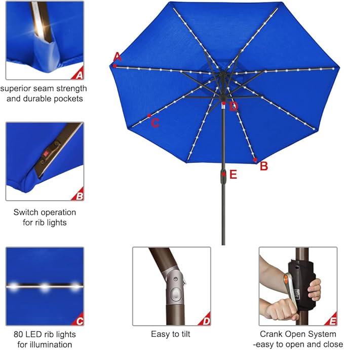 EliteShade USA 10-Year-Non-Fading Solar 9ft Market Umbrella with 80 LED Lights Patio Umbrellas Outdoor Table Umbrella with Ventilation, Royal Blue