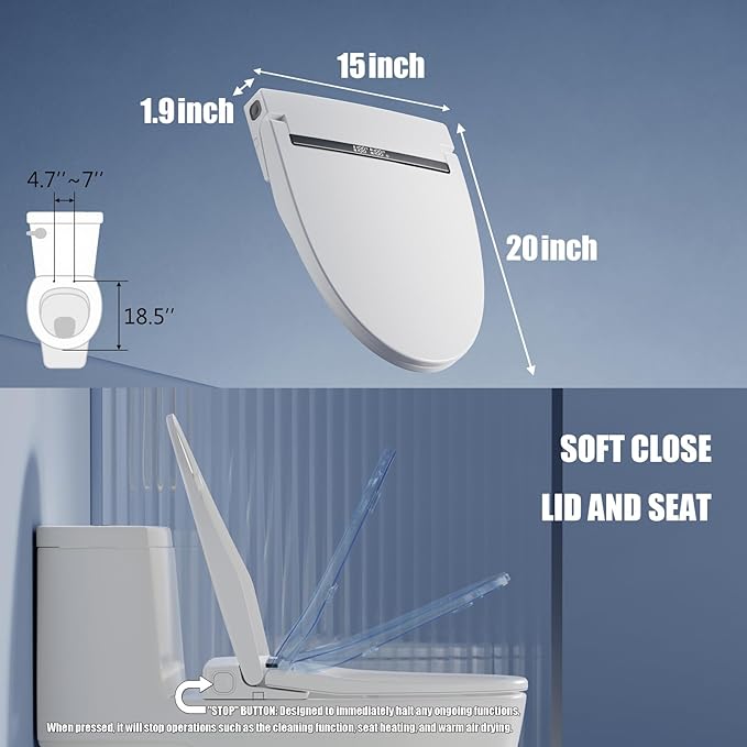 Electric Bidet Toilet Seat with Warm Water, Heated Bidet Attachment for Toilet with Dryer, Self Cleaning Elongated Bidet Seat with Remote Control, Black Temp. Display.