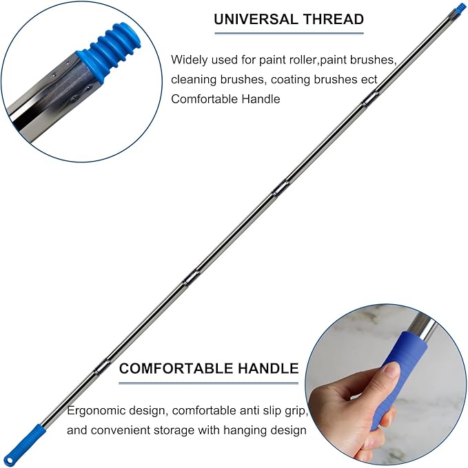 10 Ft Extension Pole +Joint Angle Adaptor, Paint Roller Stainless-Steel Threaded Splicing Extension Poles for Hand Drywall Sander Wall Cleaning and Polishing Paint Roller Brushes (10 Feet)