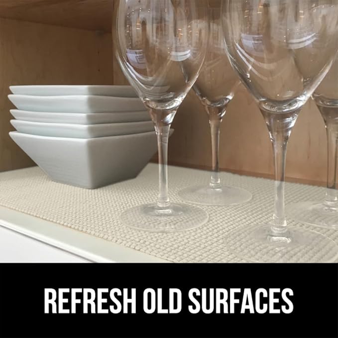 Gorilla Grip powerGRIP Drawer Shelf and Cabinet Liner, Thick Strong Hold, Non-Adhesive Liners Protect Kitchen Cabinets and Cupboard, Bathroom Drawers, Easy Install, Breathable Mat, 12" x20', Cream