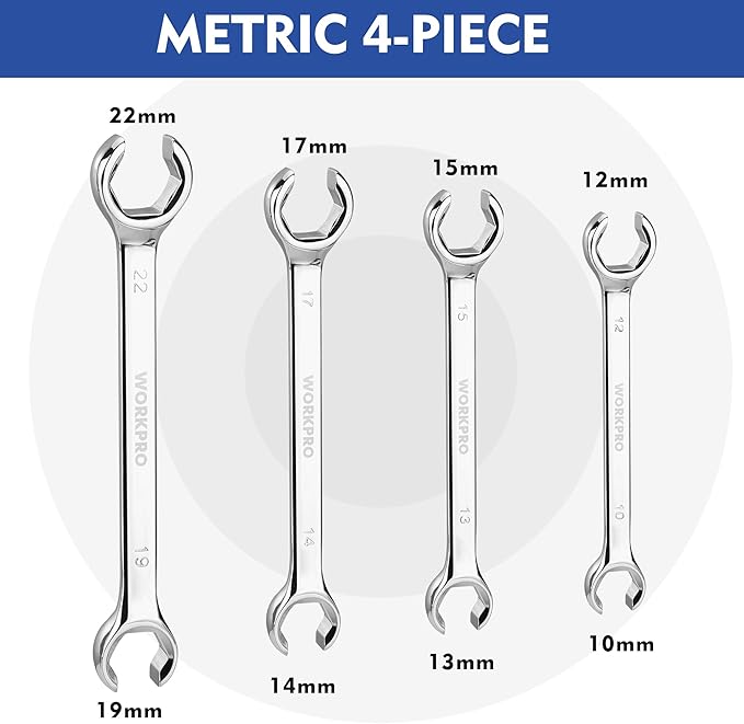 WORKPRO 4-Piece Flare Nut Wrench Set, Metric Brake Line Wrenches 10, 12, 13, 14, 15, 17, 19, 22mm, Cr-V Steel, 15° Offset Head Tubing Wrench, Organizer Pouch Included