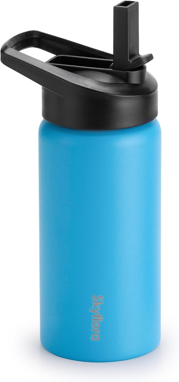 Kids Water Bottle with Straw, 16oz Cute Water Bottle, Single Wall 18/8 Stainless Steel, Dishwasher Safe & Leakproof, Reusable Gift for Girls Boys to School Sports Travel Camping, Blue