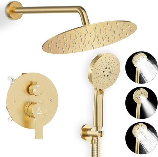 Shower Faucet Set Brass 12IN Rough-In Valve Body Trim Kit Rainfall Included Handle Accessories Complete 2 Functions with Rain Head and Handheld Bathroom Systems (12'', Brushed Gold)
