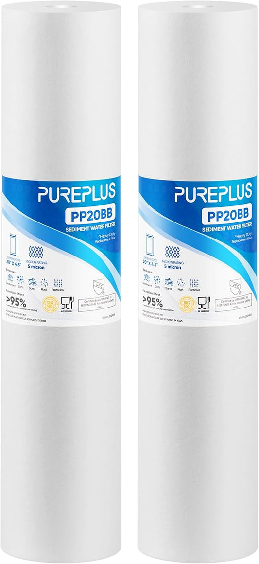 PUREPLUS 5 Micron 20" x 4.5" Whole House Sediment Home Water Filter Replacement Cartridge, Compatible with DGD-5005-20, FPMB5-20, AP810-2, 155358-43, SDC-45-2005, 2PP20BB1M, P5-20BB, FP25B, 2 Pack