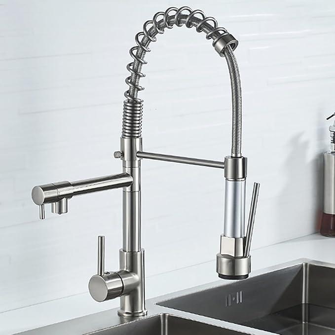 Commercial Kitchen Faucet with Pull Down Sprayer, Brushed Nickel Kitchen Sink Faucet with Pot Filler,Dual Spout Spring Stainless Steel Kitchen Faucets Pull-Out Kitchen Faucet for RV, Farmhouse, Camper
