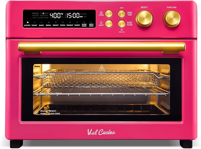 VAL CUCINA Limited Edition Happy Pink Infrared Heating Air Fryer Toaster Oven, Extra Large Countertop Convection Oven 10-in-1 Combo, 6-Slice Toast, Enamel Baking Pan Easy Clean with Recipe Book