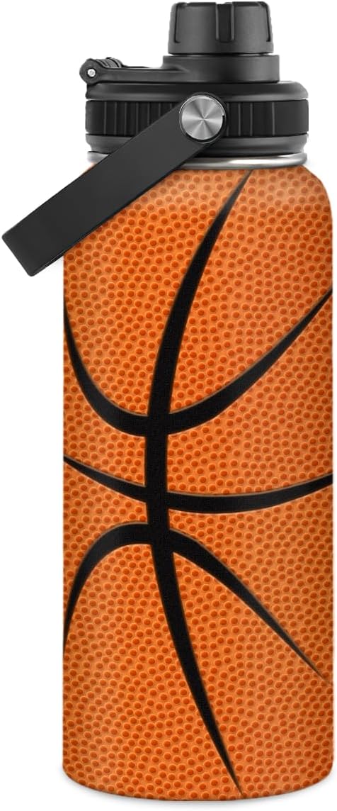 SANDJEST Basketball Water Bottle 32oz Stainless Steel Insulated Bottles for Men Women Sports Lovers Fan Players Coach - Basketball Gifts for Birthday Christmas