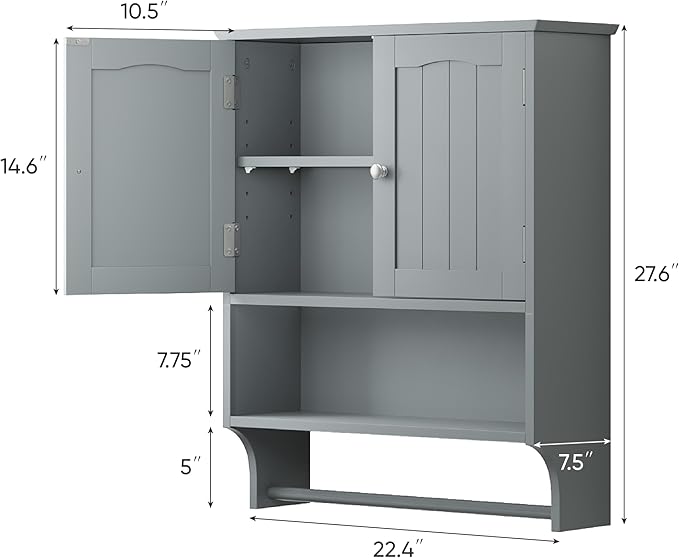 Smuxee Grey Bathroom Cabinet Wall Mounted with Towels Bar, Bathroom Medicine Cabinet with 2 Door Adjustable Shelves, Over Toilet Cabinet for Bathroom Laundry Room Kitchen