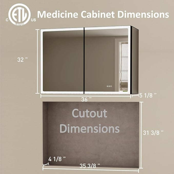 36x32 Inch Medicine Cabinet with Mirror, Recessed or Surface Mount Bathroom Medicine Cabinet with LED Lights, Anti-Fog, Adjustable Shelf, Dimmable Light, Outlets & USB, ETL Listed, Black
