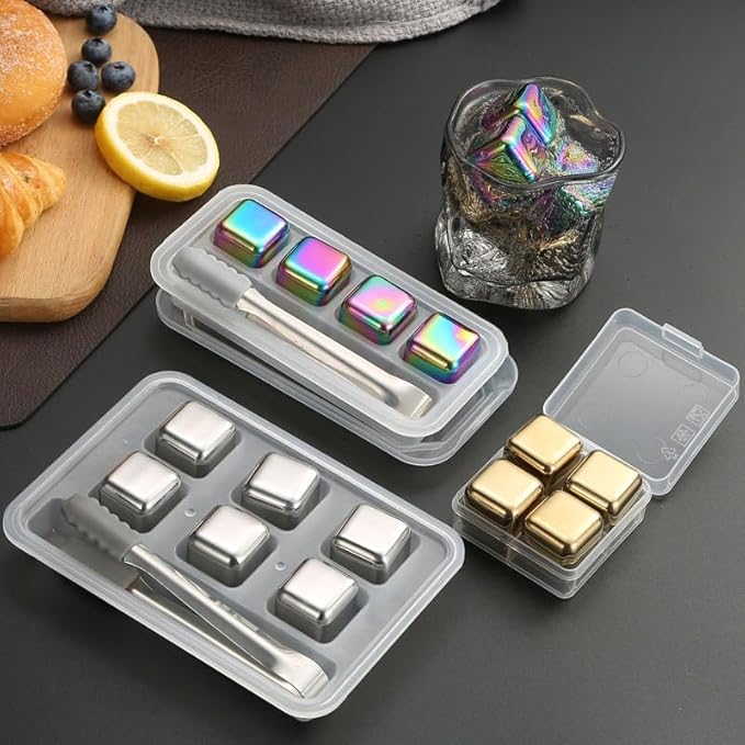 ShanSon Wine Chillers Metal Ice Cube 8 PCS Stainless Steel Whiskey Stones Reusable Whiskey Rocks Beverage Chilling Stones for Scotch and Bourbon Drinking Gifts Set for Men Dad Husband,Silver